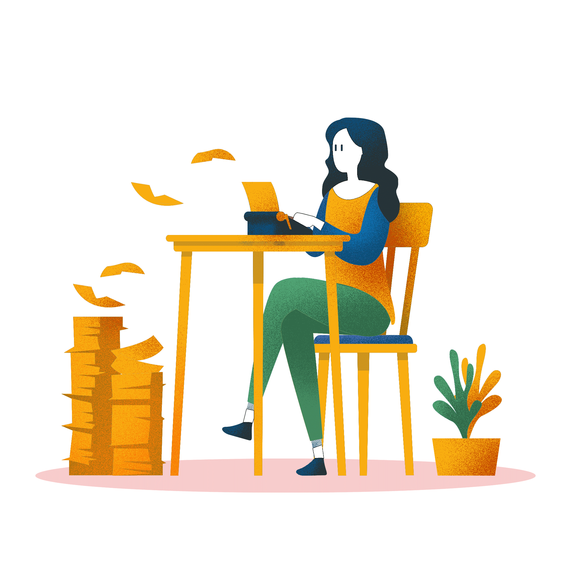 Animerad kvinna som sitter vid ett gult skrivbord och skriver på en gammal skrivmaskin. Kvinnan har skrivit så mycket att två höga berg av staplade papper har bildats.