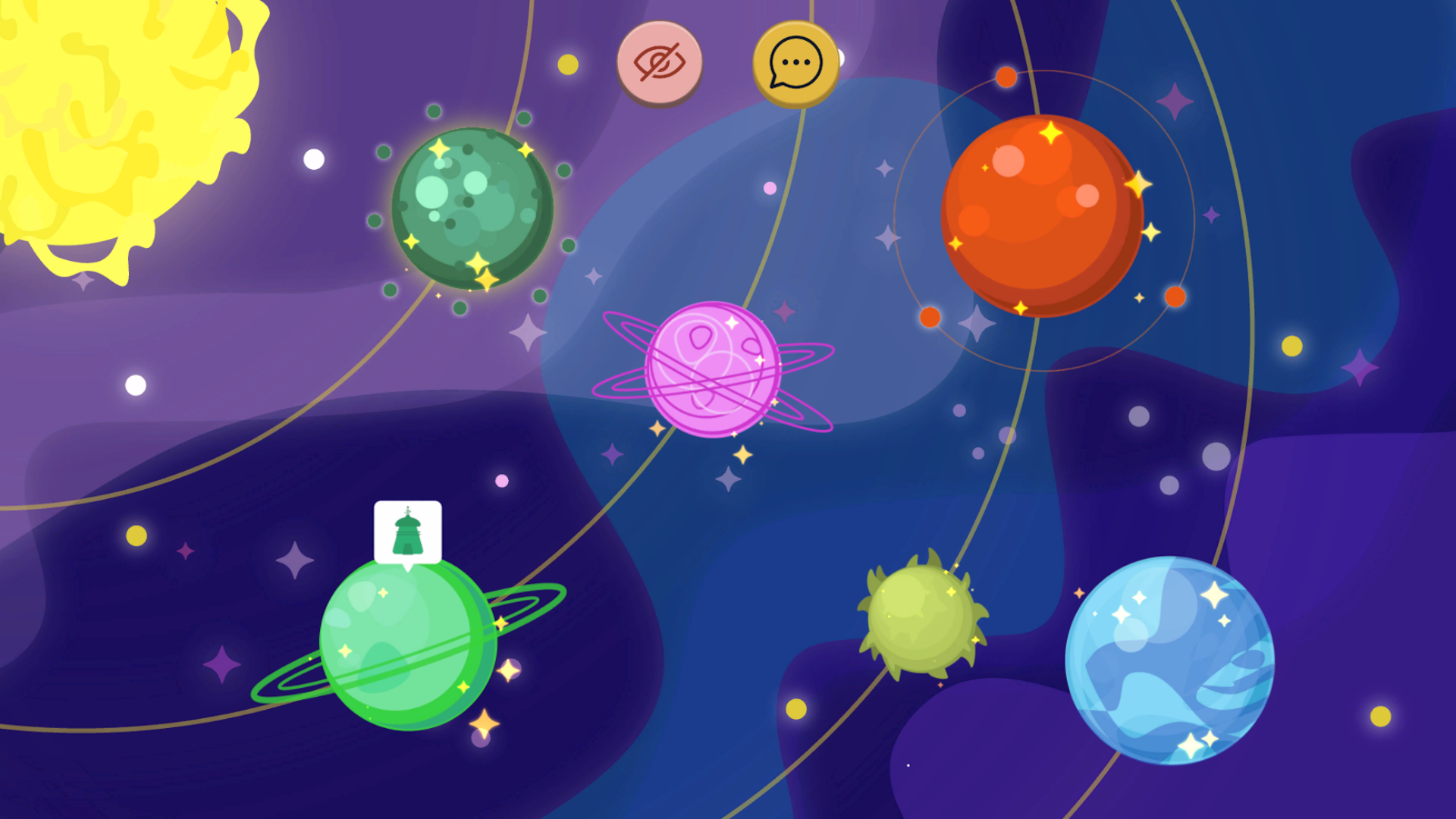 Bilden visar det fiktiva solsystemet Nati med sex stycken planeter i olika färger samt en stor gul sol. Rymden ses i bakgrunden med stjärnor och allt annat är lila blått.