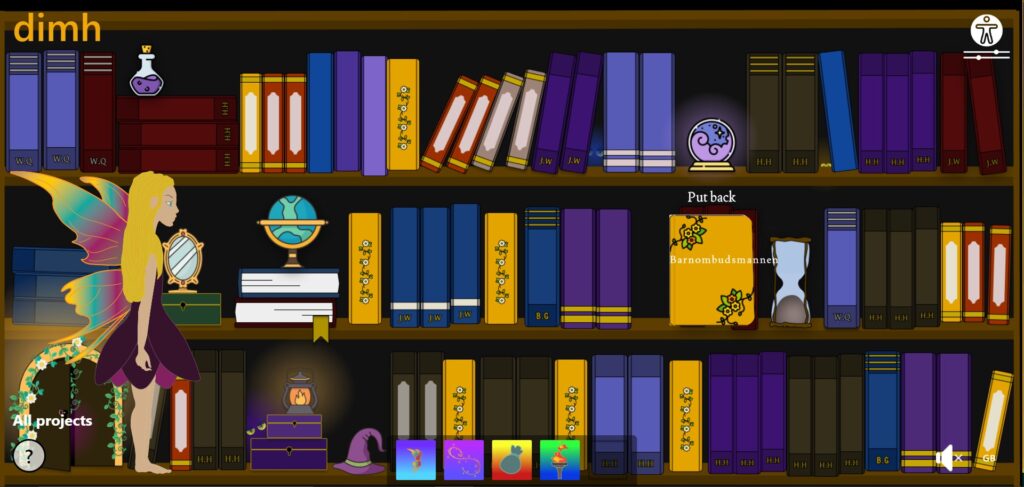Projektbild med älva och böcker i bokhylla